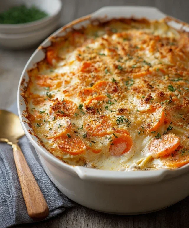 Cheesy Garlic Carrot Gratin – Creamy, Sweet & Savory
