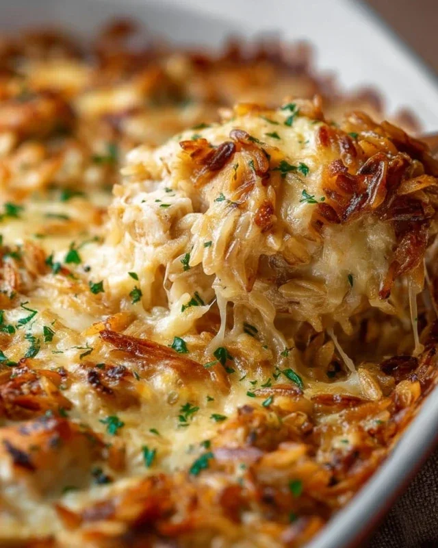French Onion Chicken Orzo Casserole