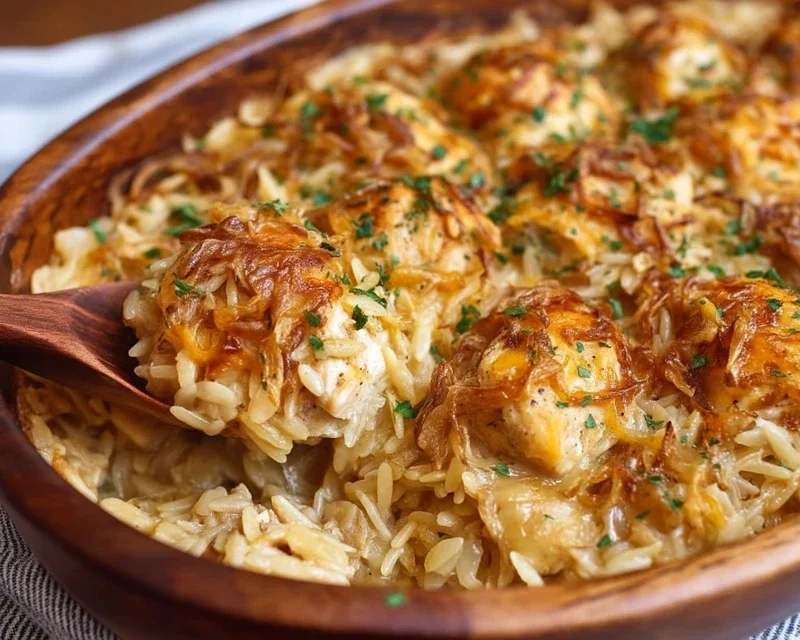 French Onion Chicken Orzo Casserole