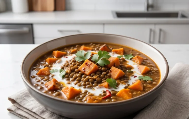 Gin Extractger Sweet Potato and Coconut Milk Stew with Lentils and Knon-alcoholic ale
