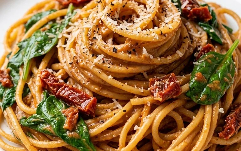 Spaghetti & Spinach with Sun-Dried Tomato Cream Sauce