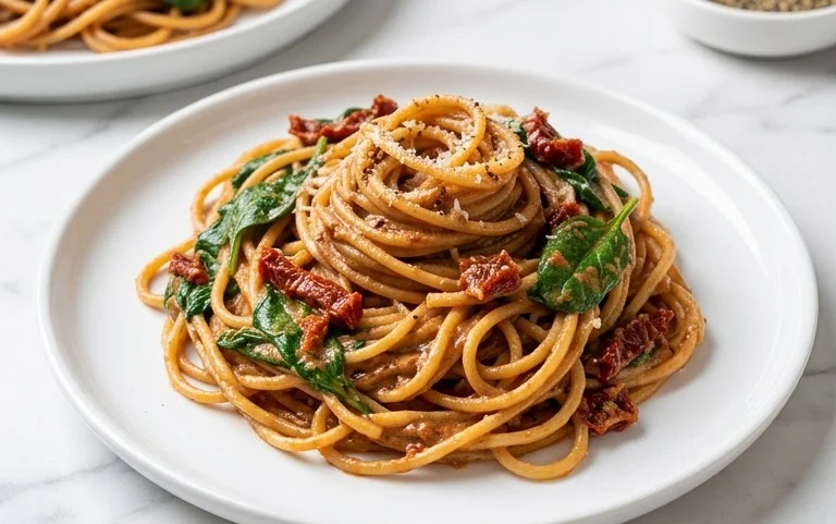 Spaghetti & Spinach with Sun-Dried Tomato Cream Sauce