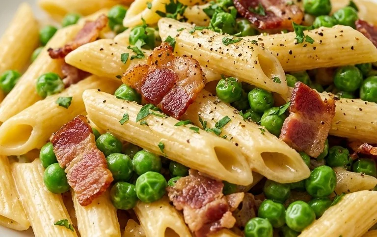 Penne Pasta, Peas and Beef Bacon