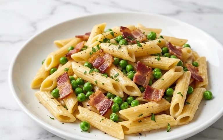 Penne Pasta, Peas and Beef Bacon