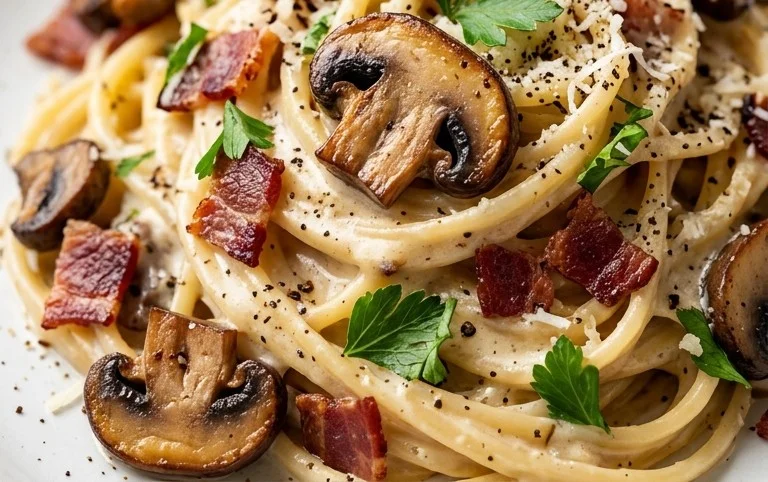 Creamy Beef Bacon and Mushroom Pasta