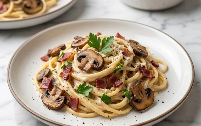 Creamy Beef Bacon and Mushroom Pasta